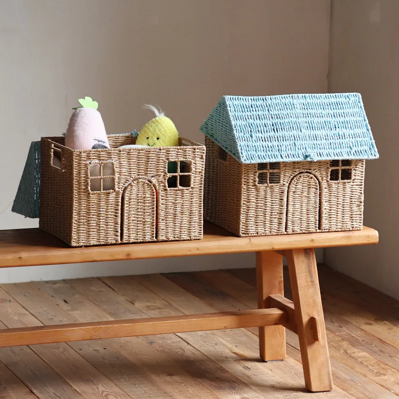 

Vintage Paper Rope Woven Blue House-shaped Storage Basket, Imitation Wicker Handmade Children's Room Storage Bin