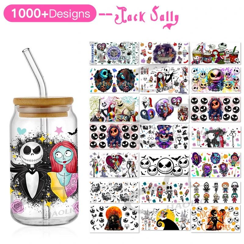 Halloween Jack & Sally Decal UV DTF Cup Wrap 16oz For Libbey Glass Ready To Apply No Heat Needed Permanent Adhesive Waterproof