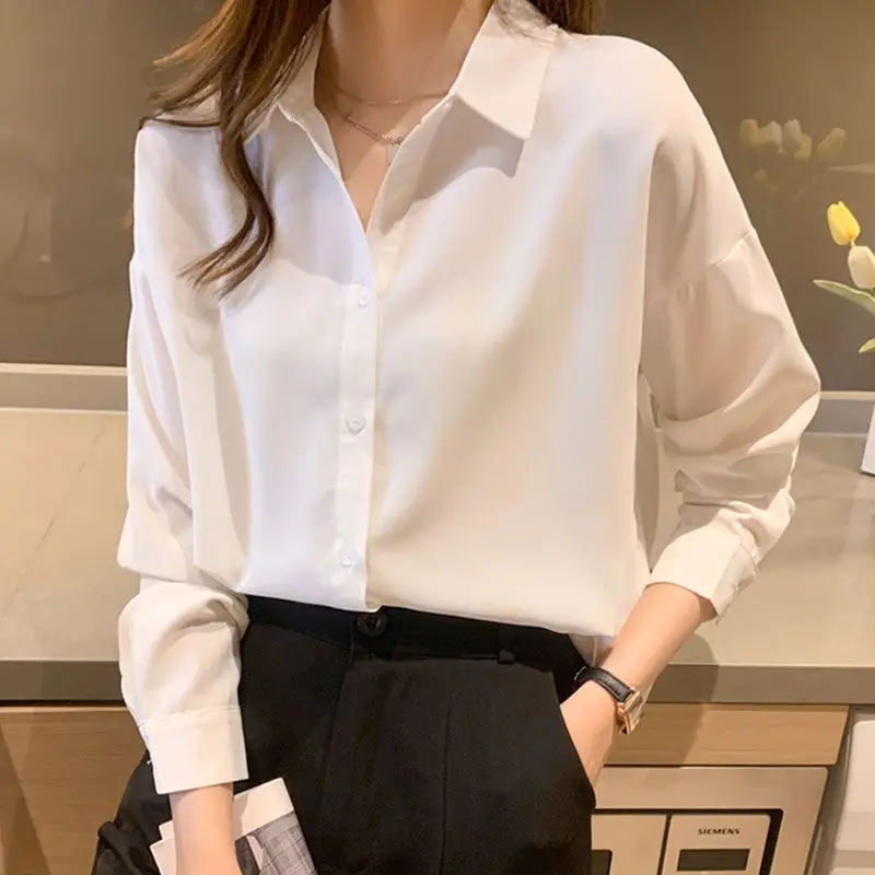 Spring Autumn Loose Large Size Solid Chiffon Women Korean Casual Style Ins Hong Kong Style Long-sleeved Shirt Bottoming Shirt