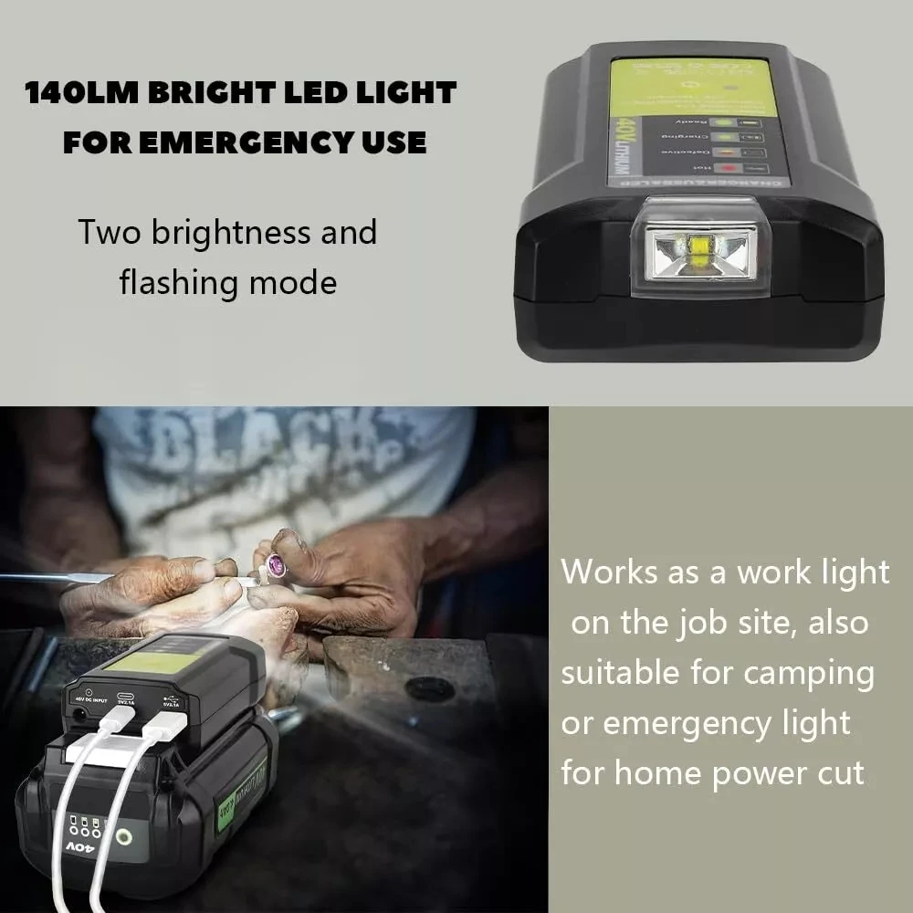 Imagem -05 - Adaptador de Bateria Adequado para Ryobi Bateria de Lítio 40v com Porta Usb tipo c 3w Light Overcharge Protection Carregador para Ryobi