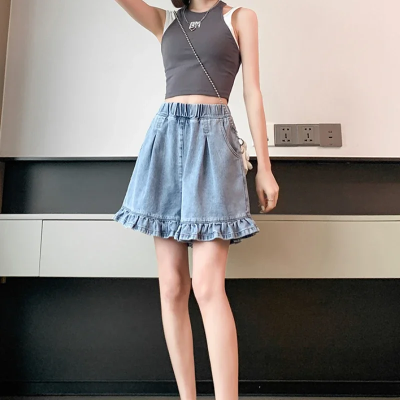 Large Size Ruffle Edge Women Denim Shorts Summer New Sweet Elastic High Waist Short Pants Y2k Chic Streetwear 6xl