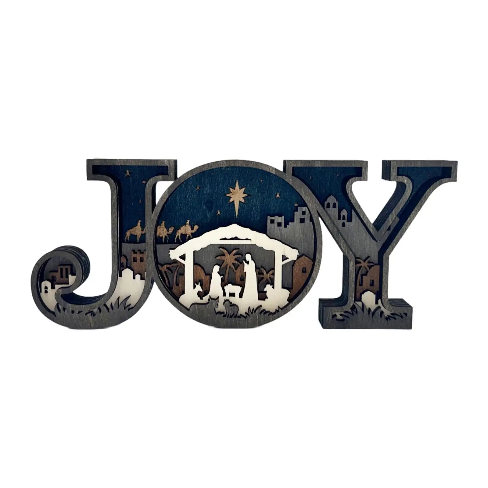 Christmas Nativity Figurine Joy Letter Sign Decorative Statue Religious Sculpture for Shelf Fireplace Desk Festival Countertop