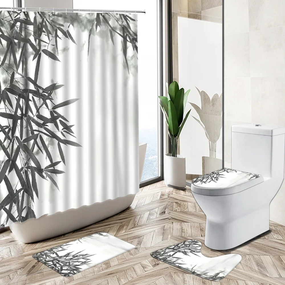 Ink Painting Bamboo Leaf Waterproof Shower Curtain Plant Landscape Non-Slip Rug Toilet Cover Bath Mat Chinese Bathroom Deco Set