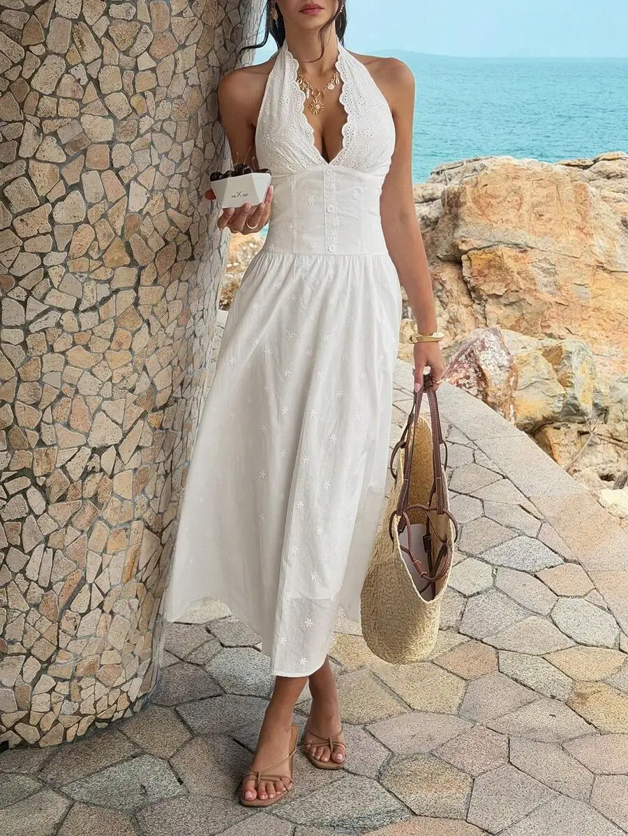

Womens White Halter Neck Cotton Embroidered Corset Waist Button Dress Summer Casual Beach Vacation Dress