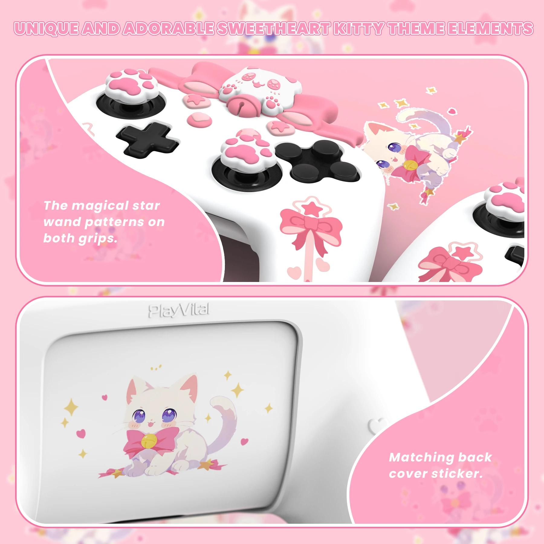 Силиконовый чехол PlayVital для контроллера Nintendo Switch Pro, Kawaii Sweetheart Kitty — белый