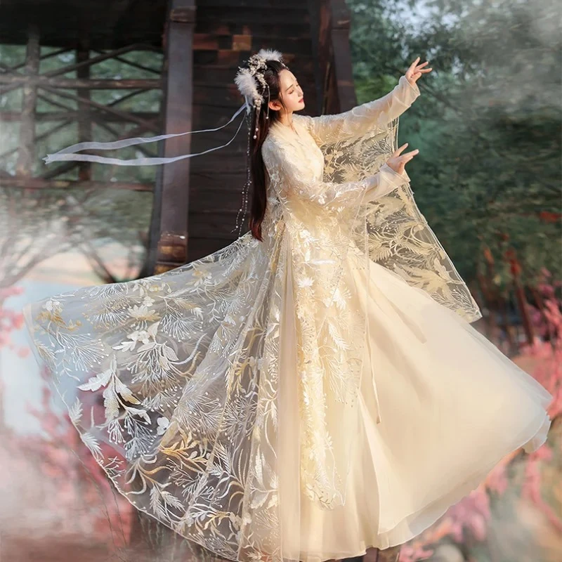 Costume da principessa tradizionale con ricamo in pizzo antico, abito da ballo chic femminile, abito Hanfu dolce fata vintage in stile cinese