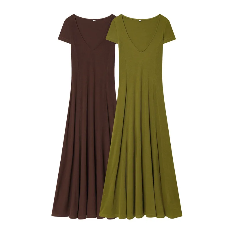 Brown Olive Green V Neck Short Sleeve Maxi Dress Flowy A Line Silhouette Soft Stretchy Fabric Casual Summer Dress For Women 8VG1