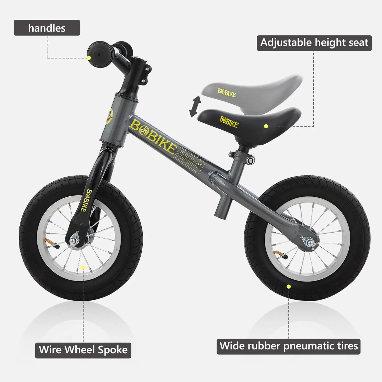 Rowerek biegowy malucha z nadmuchiwanymi gumowe opony, dzieci pchają rowerek biegowy zabawki dla 18-miesięcznych do 4-letnich chłopców Grils regulowane