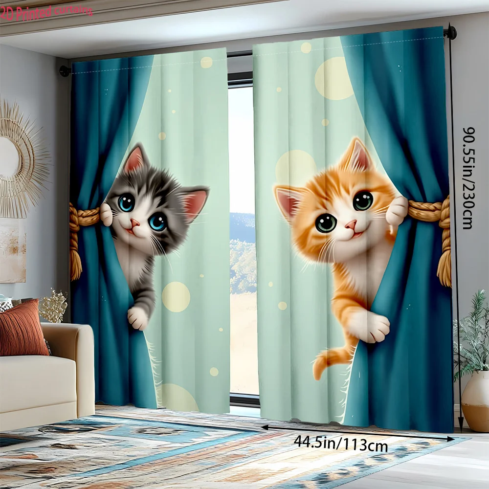 Cute Peeking Kitten Rod Pocket Curtain Tabby Orange Cat Bubble Background Cartoon Print Lovely Decor Living Bedroom Home Window