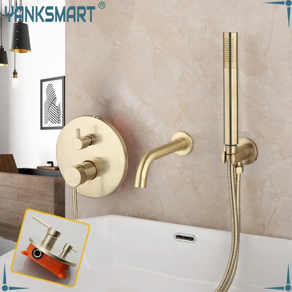 

YANKSMART Brushed Gold Bathtub Shower Faucet 2 Functions Bathroom Faucets Shower Systerm Wall Mounted Mixer Water Tap Set