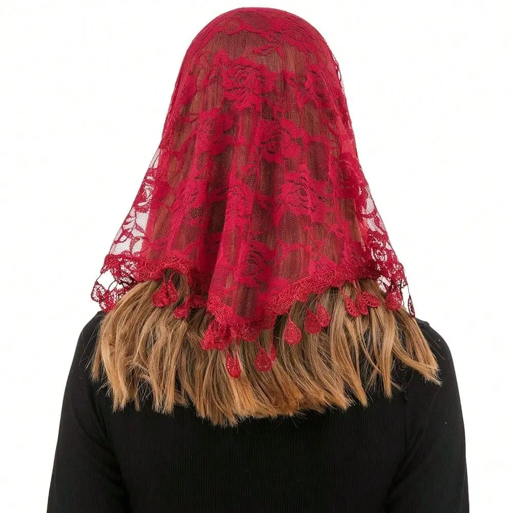 

Mass Veil Triangle Mantilla Cathedral Head Covering Chapel Veil Lace Shawl Latin Scarf Colorname Maroon