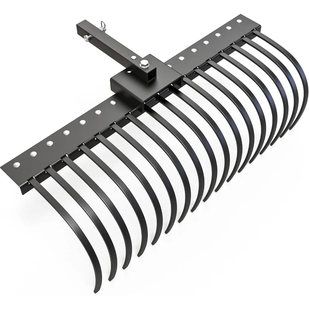 

48 буксирных грабли за ландшафтом, стойка для снятия факела с 2 приемниками и 17 стальными зубьями для систем ATV/UTV и 3-точечным сцеплением