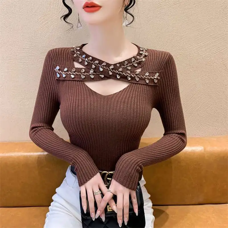 Korean Fashion Autumn Winter Sweaters Women O-Neck Embroidered Flares Hollow Out Chic Long Sleeve Loose Pullovers Knitted Tops