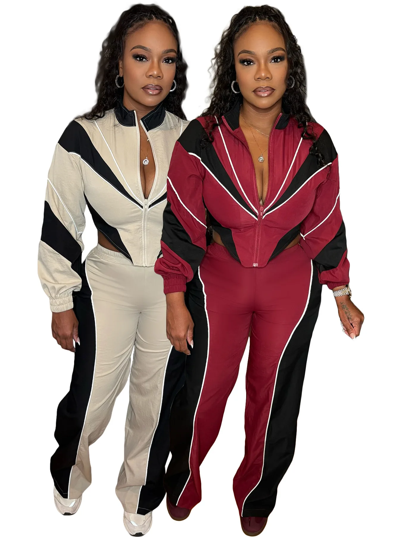 

Women Set Fashion Color Block Long Sleeve Cinched Waist Top And Straight-Leg Pants Casual 2 Piece Set Sportswear Women Tracksuit