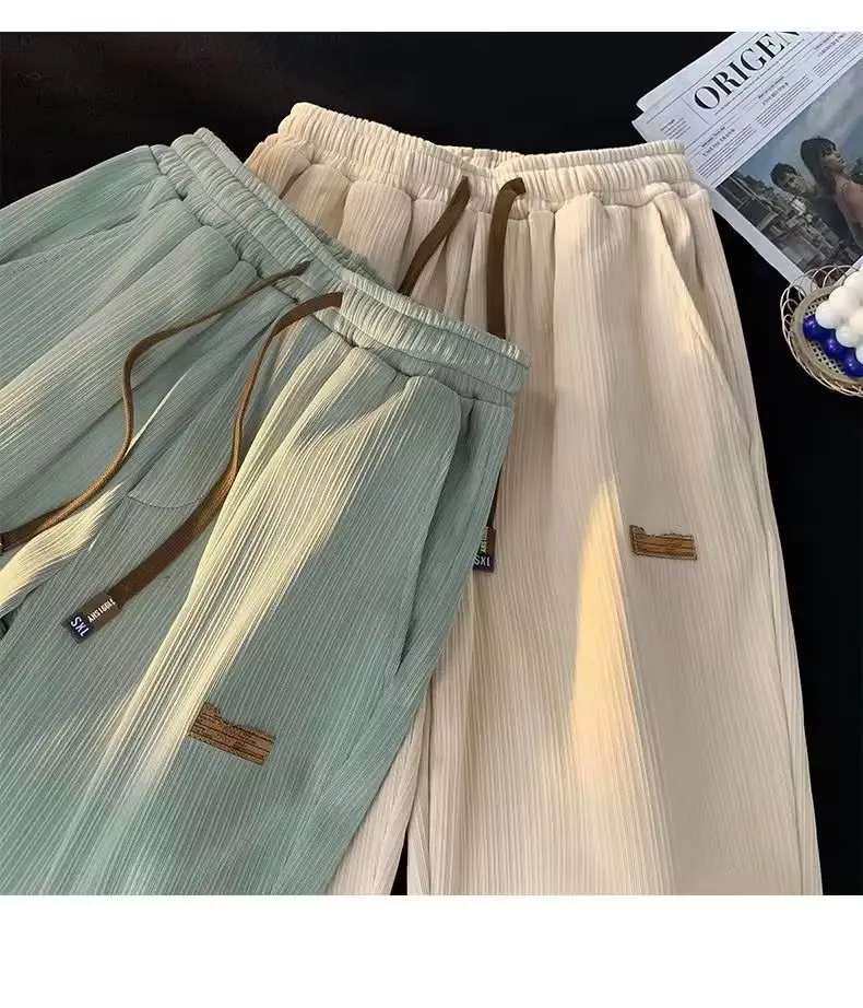 بنطال ذو قصة أرجل واسعة أخضر للنساء ربيعي مايكرو متوهج الحد الأدنى نمط Preppy الحضرية مكتب حزام البطن التحكم الشيفون منقوشة