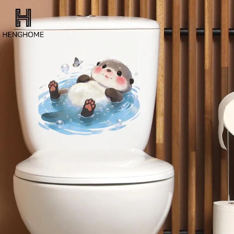 Cute Otter Toilet Tank Sticker Ocean Wave Vinyl Decal Adhesive Wall Art For Bathroom Home Decor Accessories