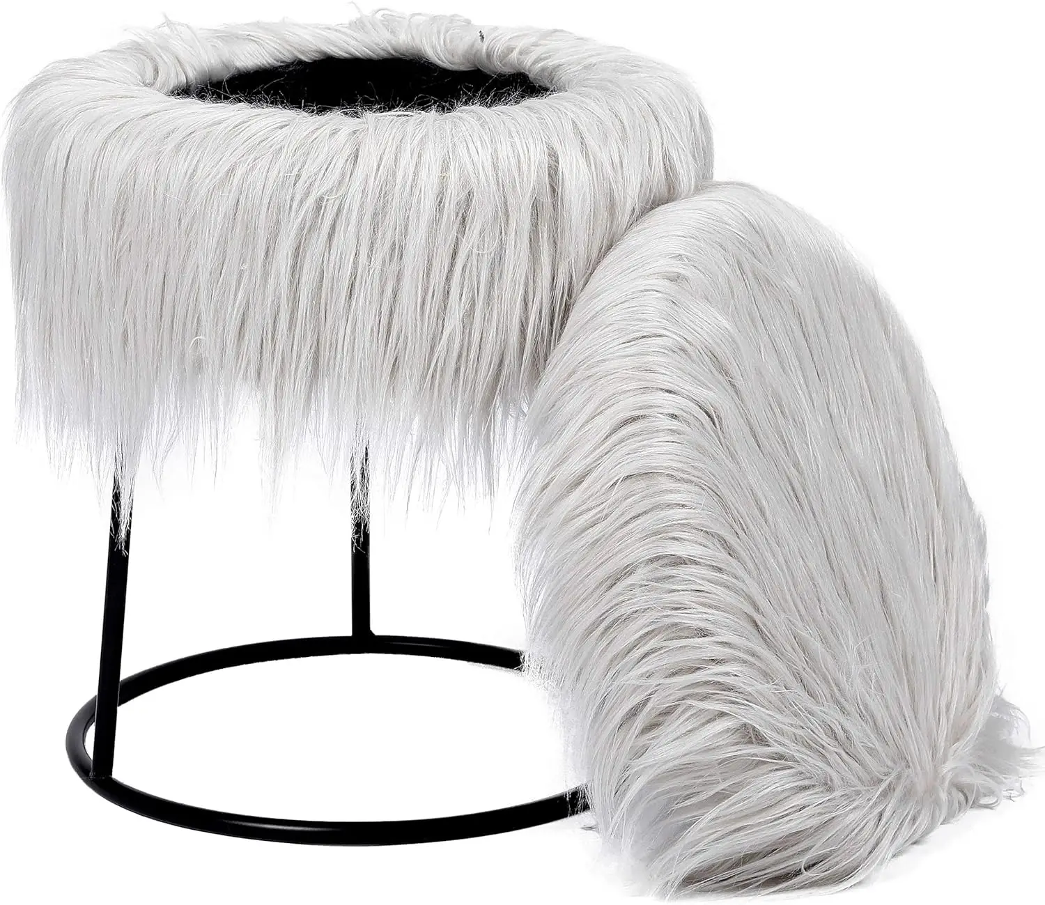 

Round Grey Faux Fur Foot Stool Ottoman with Black Legs - Vanity Chair - Soft Compact Padded Seat - Bedroom and Room Chair - Me