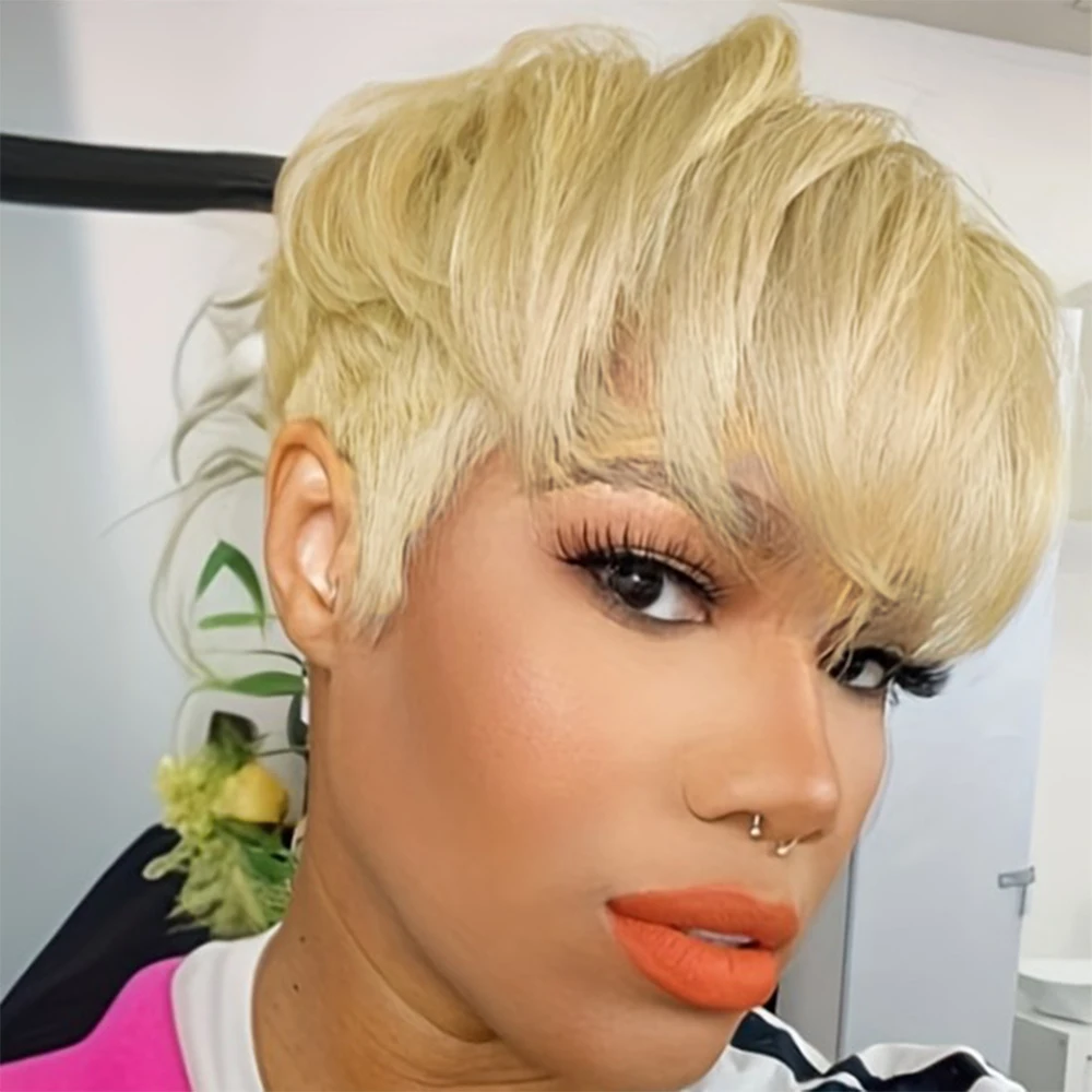 

Короткий парик с стрижкой пикси, многослойный парик из натуральных волос с золотой стрижкой 613 # Прямые парики с челкой, полный парик машинного производства, повседневная одежда для вечеринок