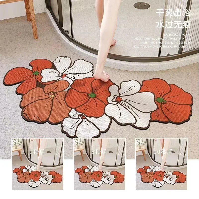 Super Absorbent Floral Bath Mat Quick Drying Bathroom Floor Rug Non-slip Entrance Doormat Nappa Skin Toilet Carpet Home Decor