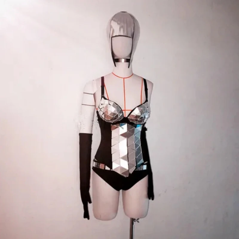 나이트 클럽 바 DJ 여성 댄서 팀 섹시한 무대 착용 골드 실버 미러 탑 반바지 장갑 가발 댄스 복장 공연 의상