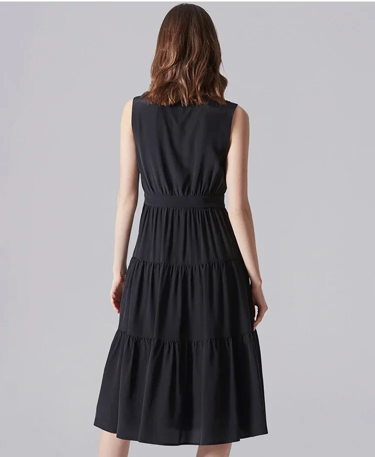 فستان نسائي عالي الخصر 100% فساتين حريرية حقيقية للنساء 2024 فستان أسود ميدي فستان صيفي نسائي عتيق Zjt2218