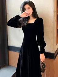 Vintage Long Sleeve Square Solid Color Mid Long Dresses Women's Casual Elegant Classic Office Lady Ladies Dress 2024 Autumn