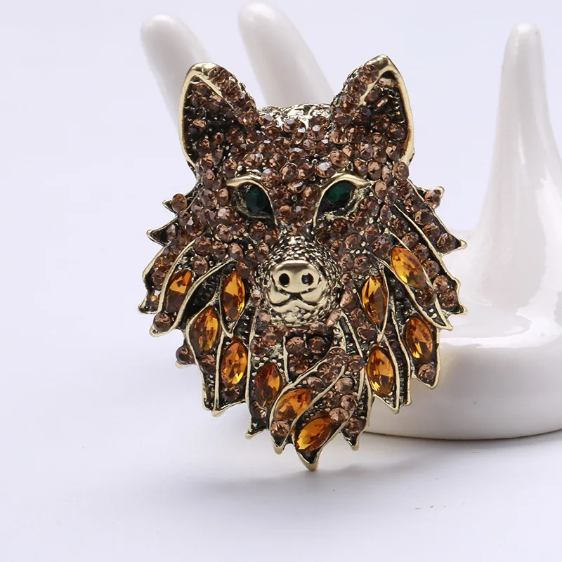 GRAY WOLF BROOCH Brass Faux Marcasite Crystals Face Dog Pin