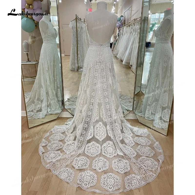 Boho A-Line Wedding Dress For Women Sexy V-neck Spaghetti Straps Open Back Bride Gown Lace Sweep vestido de novia robe de mariée