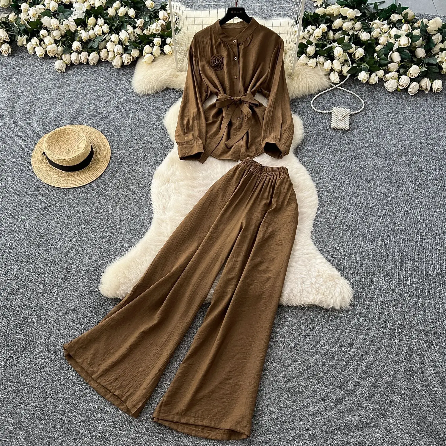 ผู้หญิงชุดกางเกง 2 ชิ้นชุดรอบคอแขนยาวเสื้อลูกไม้ขึ้นขากว้างยาวกางเกงเอวยางยืด Y2k Streetwear ทํางาน