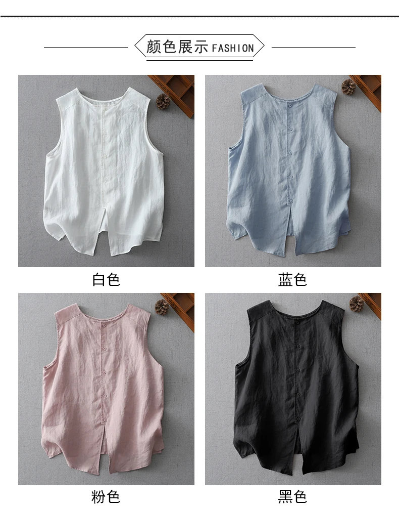 Women Summer Thin Button-Up Cotton Linen Shirts Vest Loose Big Sizes Black White Blue Pink Sleeveless Tank Tops Two Sides Wear