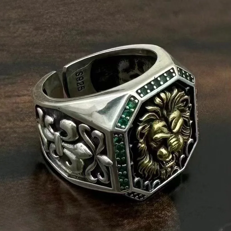 Pure silver European and American retro lion head ring, men's open cross crown, lion domineering wide face noble ring