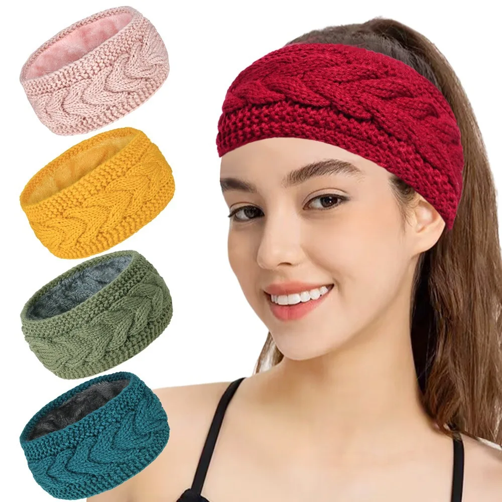 

Теплая вязаная повязка на голову с термопотолщенной подкладкой, плюшевая защита ушей, повязка для волос для бега, теплый антихолодный головной убор для бега, велоспорта