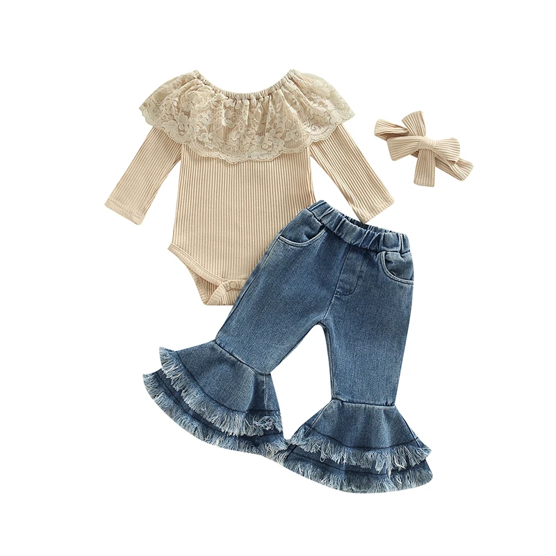 2022-10-28 Lioraitiin 0-24M Kids Meisjes 2 Stuks Broek Pak Lange Mouw Ronde Hals kant Romper Tops Denim Bell-Bottoms Hoofdband