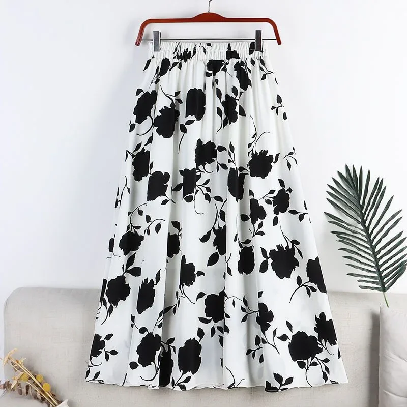 Vintage Printed Long Skirt Women Summer Elastic High Wiast Mid-Calf Skirts Female Casual All-Match A-Line Pleated Skirt