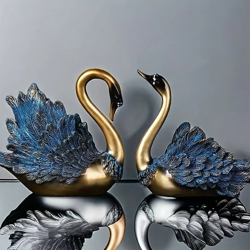 Luxury GoldenBlueResinSwan Statues APair ModernHome Decor Figurines Desktop Ornament For Living Room Wine Cabinet OfficeEntrance