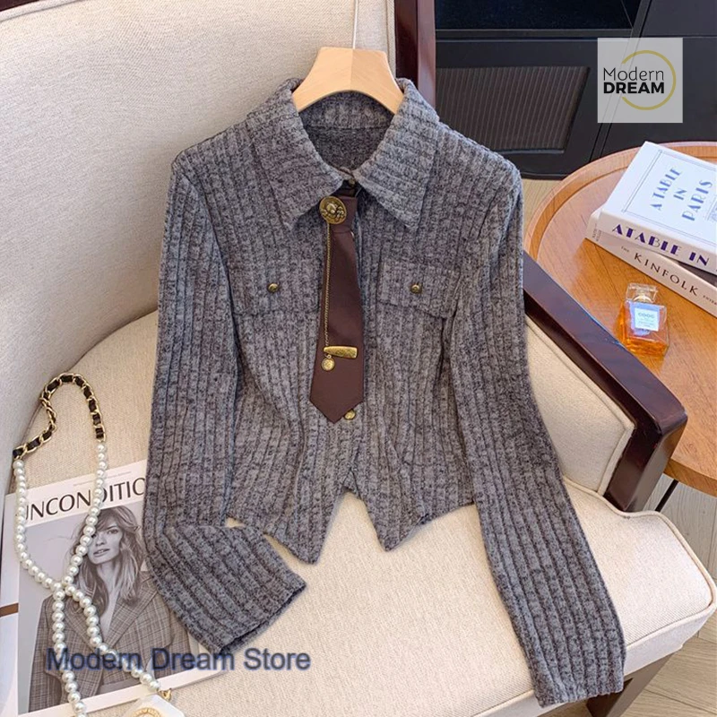 تصميم كوري غير منتظم بأكمام طويلة قميص نحيل طية صدر السترة الإناث الربيع والخريف ربطة عنق جامعية جديدة قميص نحيف عادية جوكر شيك الأعلى. #4