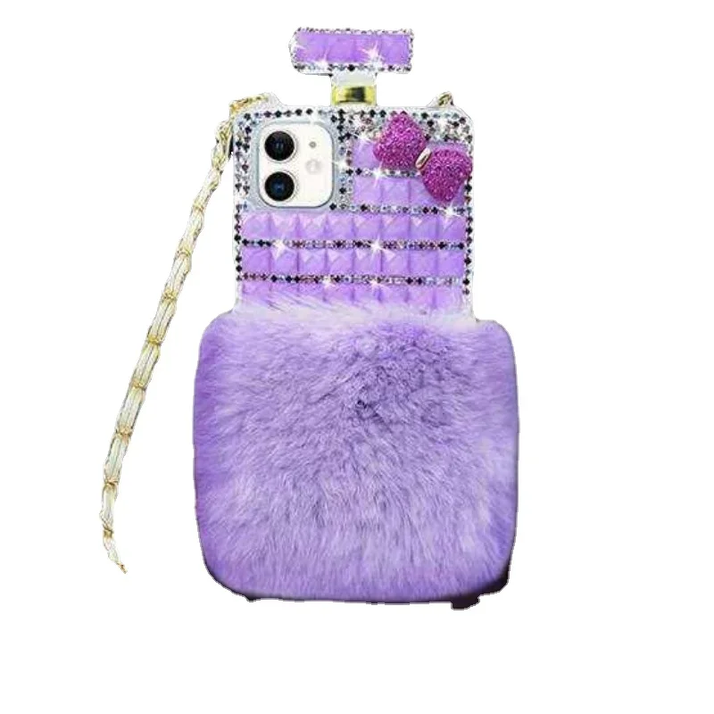 Luxury Bling Diamond Fur Perfume Bottle Cover, Mobile Phone Case for iPhone 16 Plus, 11, 12, 13, 14, 15 Pro Max