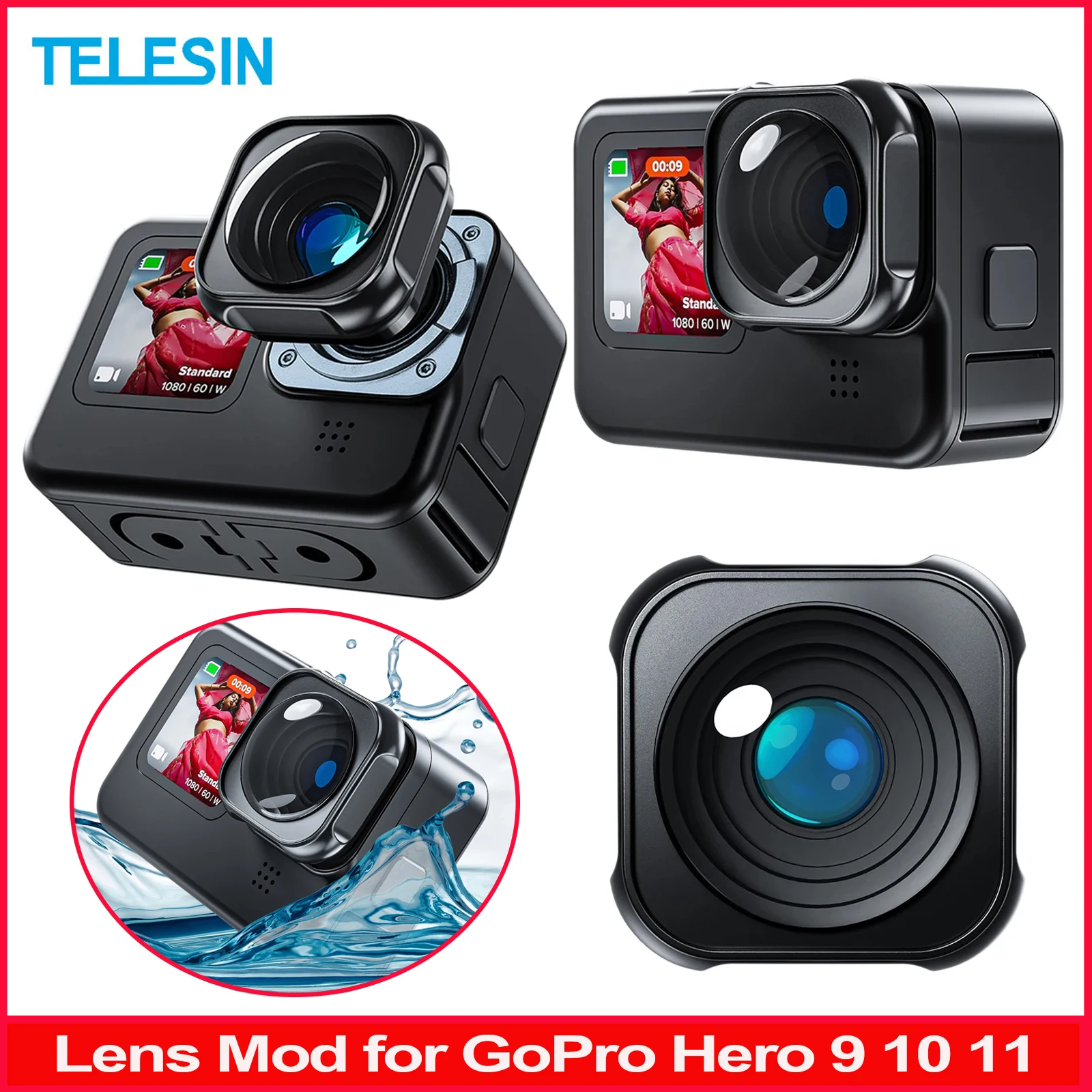 

TELESIN Lens Mod for GoPro Hero 9 10 11 Black Anti Shake Aluminum Alloy Water proof Lens Ultra-wide Angle 155 Degree Lens