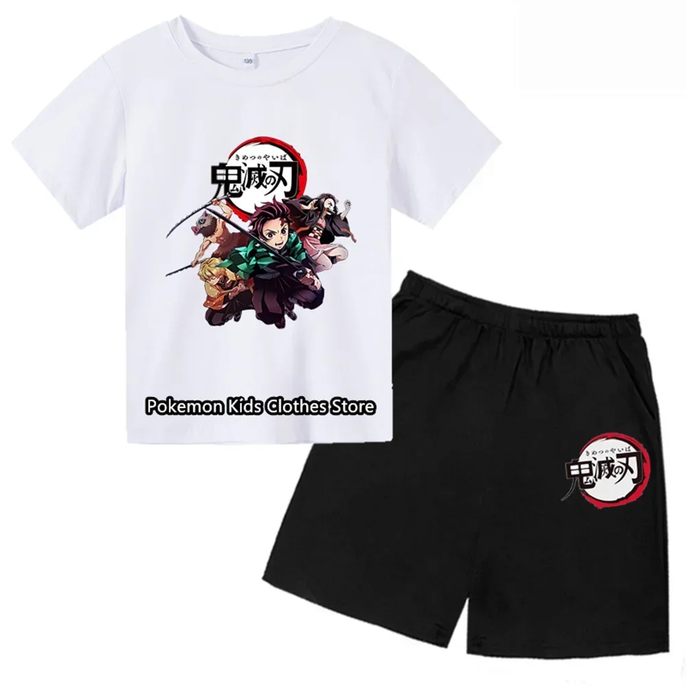 Demon Slayer Suits Clothes Kids Cartoon Casual Short Sleeves Tops Tees And Short Pants Outfits Children 3D Printing 2 Piece Sets