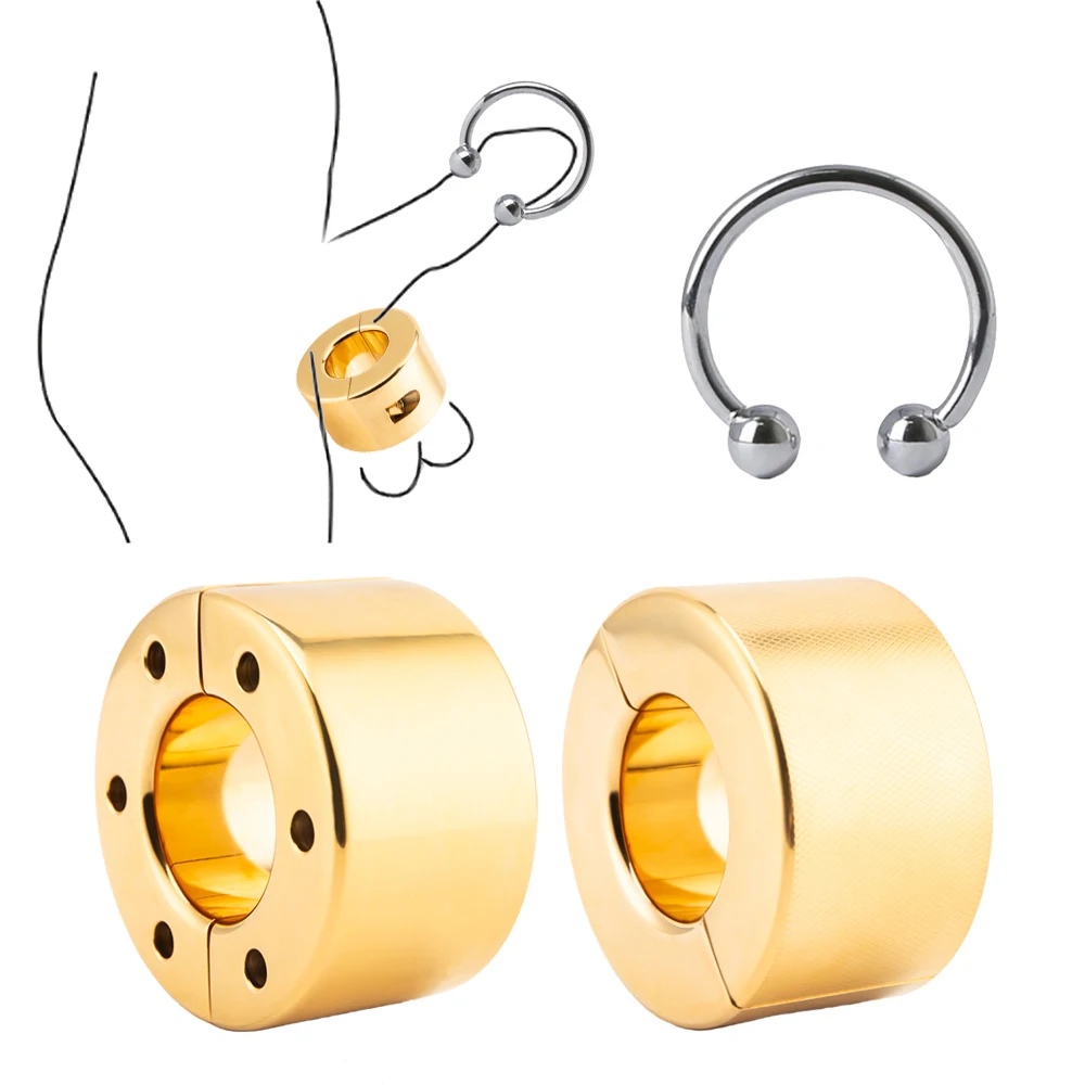 

Male Ball Stretcher Stainless Steel Gold Plated Testicle Stretcher Heavy Duty Scrotum Penis Weight Training Ring Locking Pendant