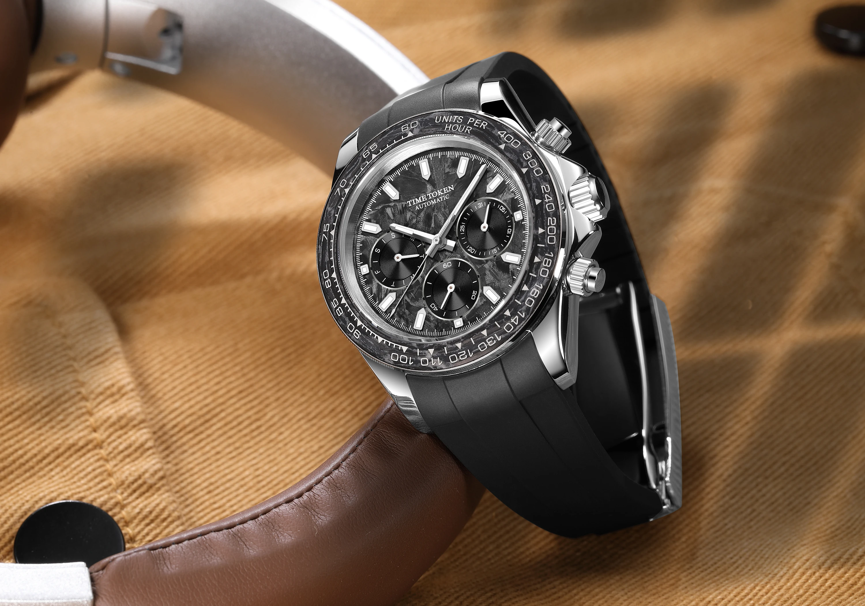 

TIME TOKEN 40 мм мужские карбоновые автоматические механические часы Luxury Diver водонепроницаемые 100 м с функцией календаря и недели