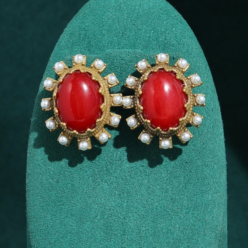 

Vintage Red Agate With Pearl Earrings Quality Jewelry For Women Trending Natural Retro Luxury Elliptical Designers Brand 2026