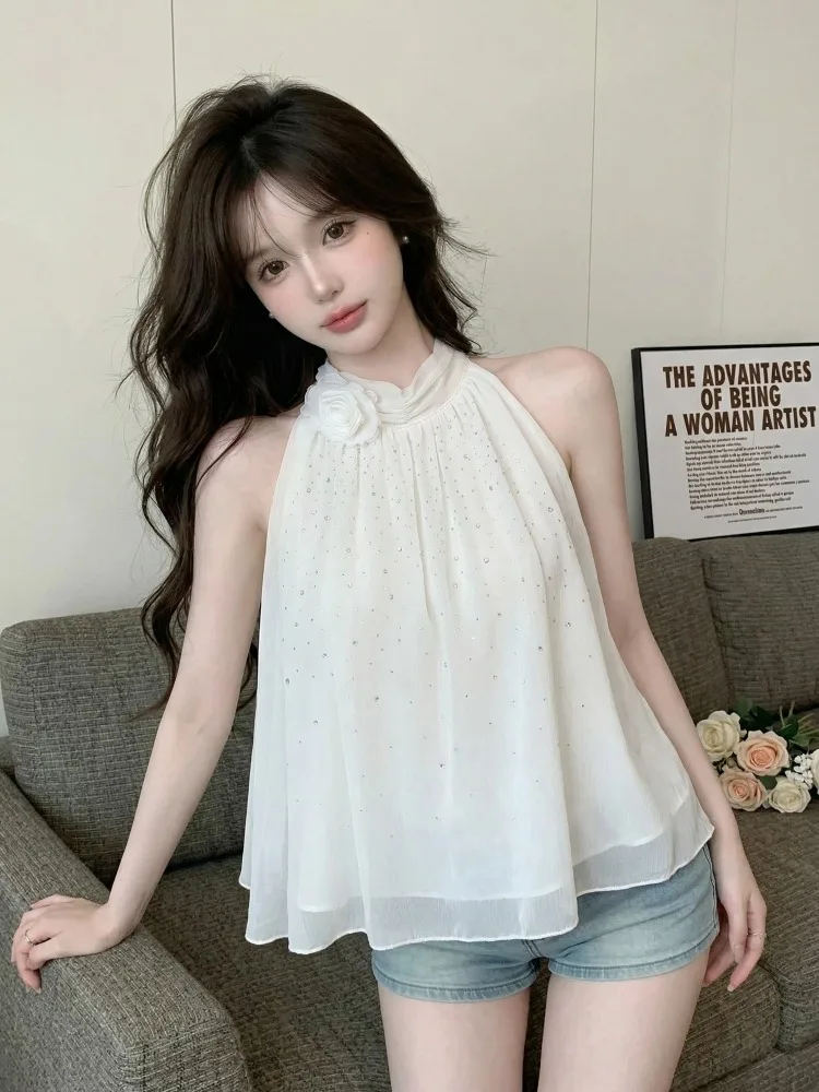 

Unique Rose Print White Chiffon Off-Shoulder Sleeveless Loose Summer Top Glittering Drill Women's French Style Loose Fit Blouse