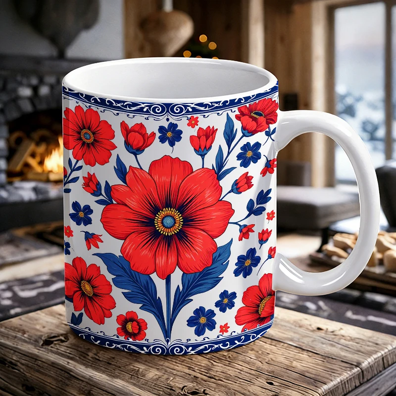 

Vibrant Red Floral Pattern on Blue Background with Ornate White Accents printed Mug Coffee Cup Ceramic Cup