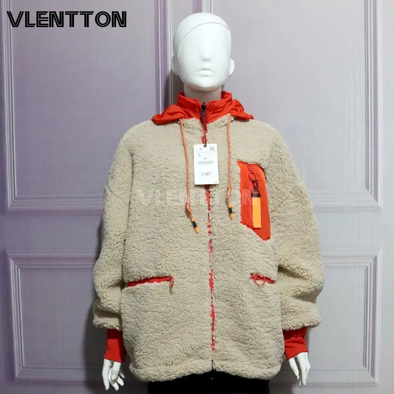 New Winter Thick Warm Lambswool Hooded Jacket Coat Women Casual Zipper Patchwork Loose Outwear Female Oversize Parkas Mujer