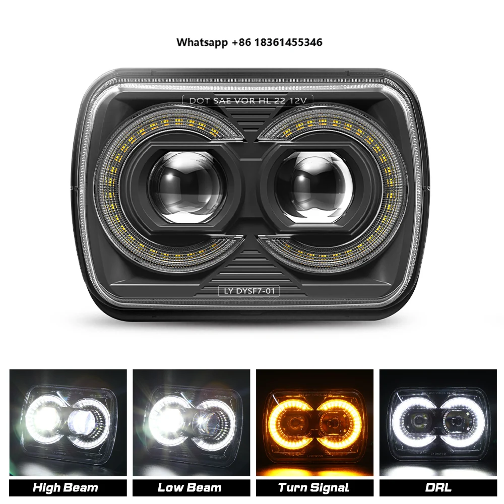 DOT 5x7 7x6 Led Square Headlight With White DRL Amber Turn Signal 7x6 5X7 LED Projector Headlight for  Kenworth Peterbilt
