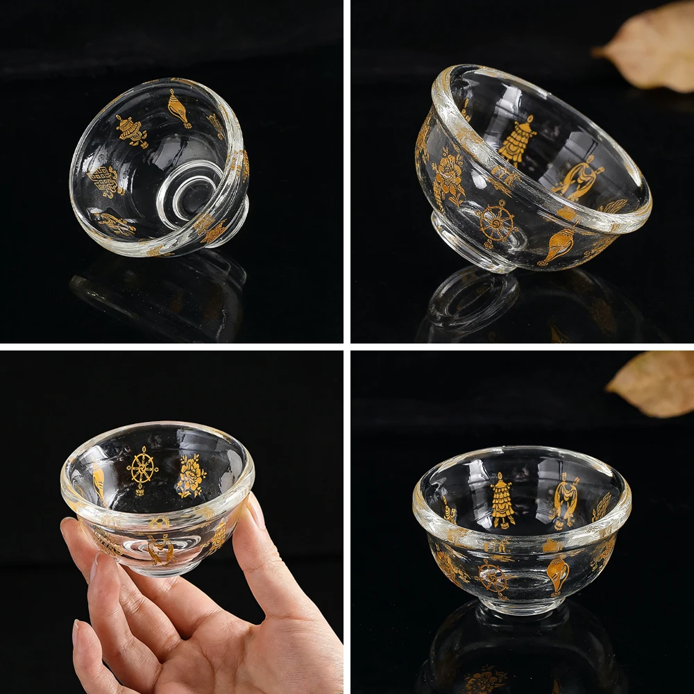 Buddhist Altar Offering Bowl Premium Traditional Crystal Glass with Gold Plated Eight Auspicious Symbols for Home Zen Decor Gift