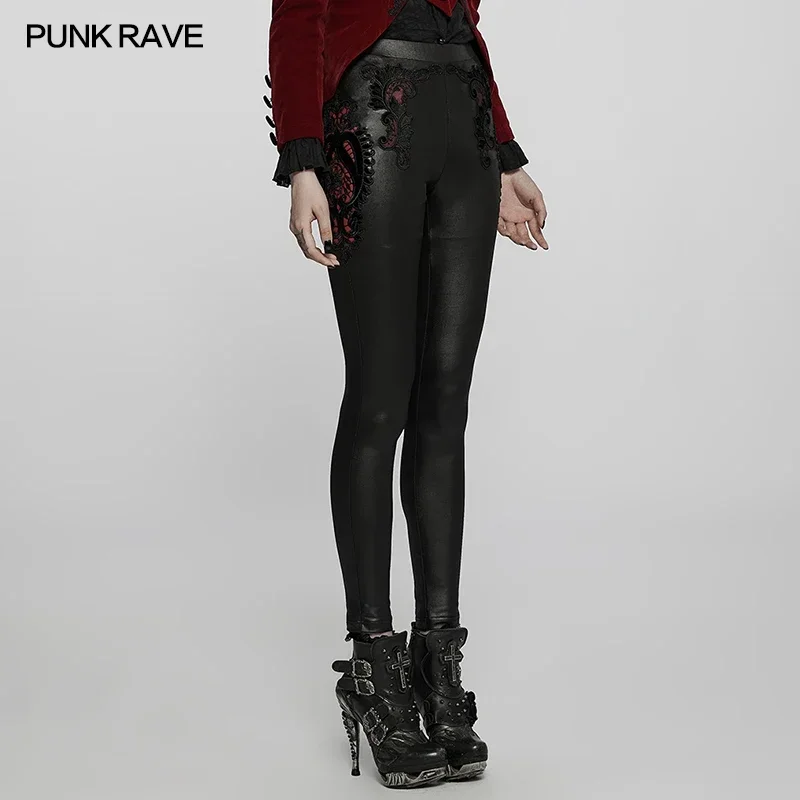 PUNK RAVE-Leggings gothiques exquises pour femmes, appliques élastiques, pantalons évidés sexy, pantalons simples et doux, noir et rouge, punk