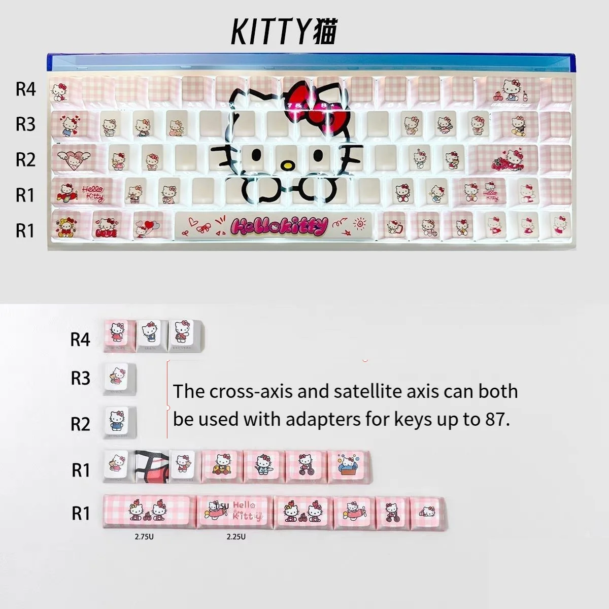 Cute Hello Kitty Transparent Keycaps Pink Clear Backlit Pbt Keycaps, Fit Cross & Satellite Axis for 60%-80% Mechanical Keyboard