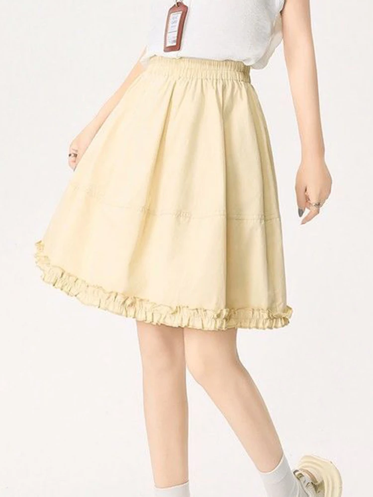 Preppy Style Sweet Skirt Women Fashion High Waist Ruffles Midi Skirts Summer Cute Casual All Match Solid Kawaii A Line Skirt New